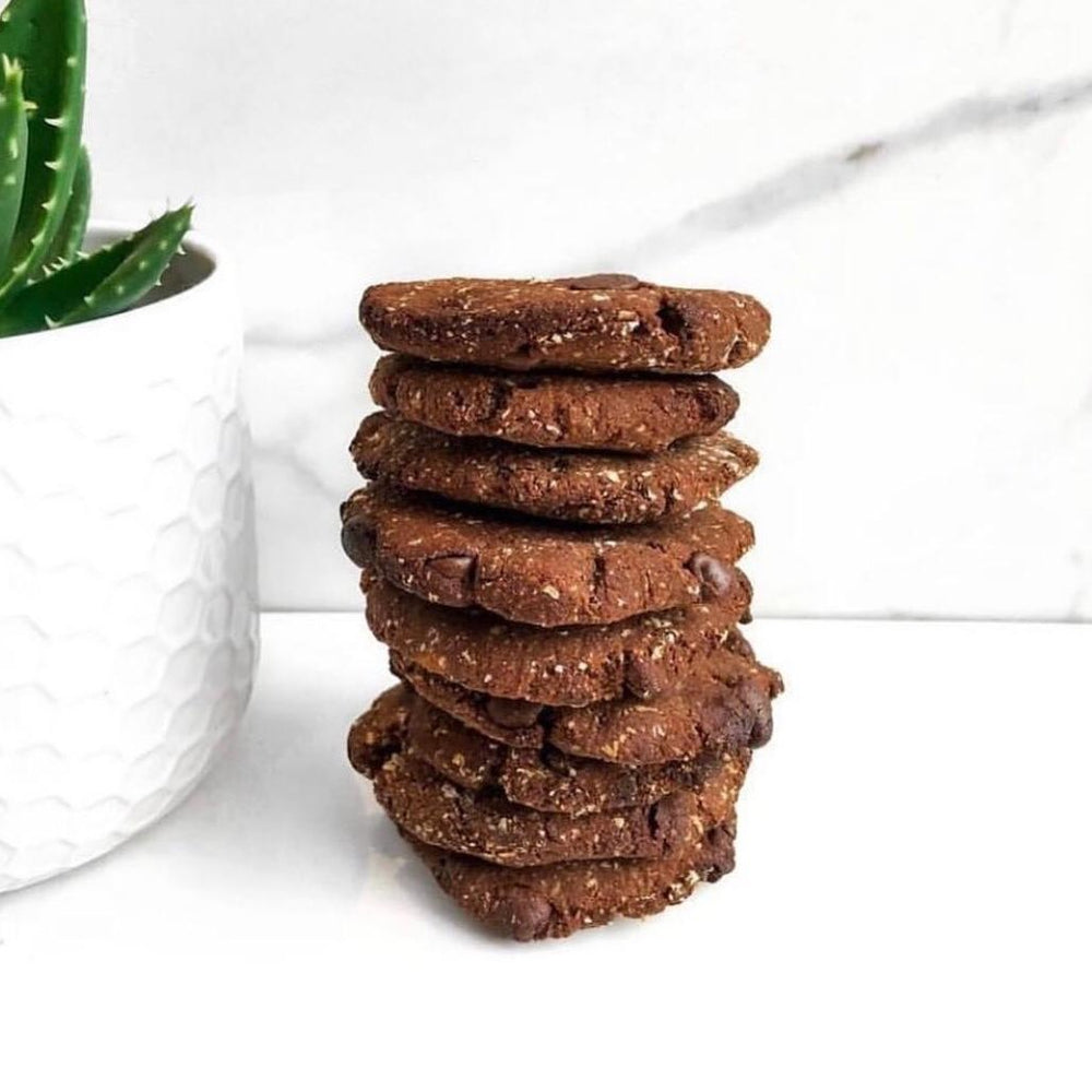 A stack of chocolate cookies next to a cactus
