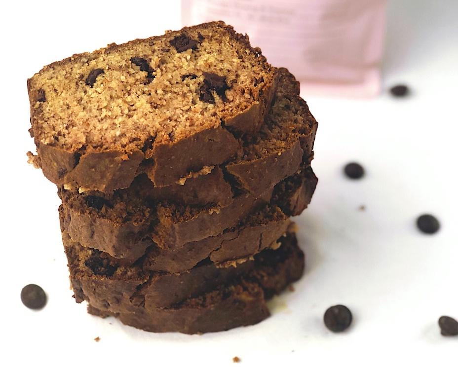 A stack of sliced banana bread with chocolate chips