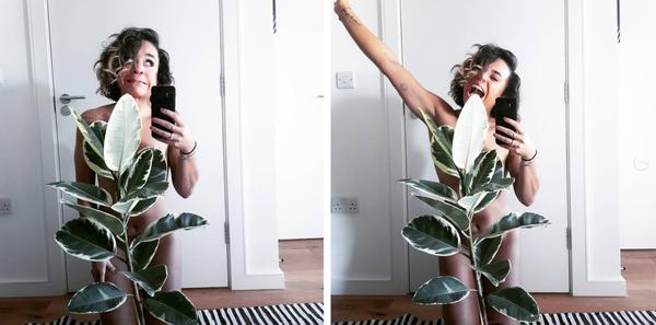 Two pictures of a person with brunette short hair posing in front of a mirror with a plant