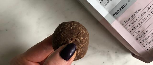 a chocolate protein bliss ball 