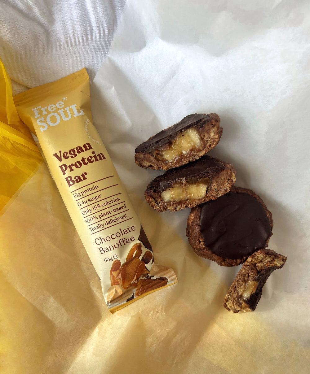 Free Soul vegan protein bar in yellow packaging