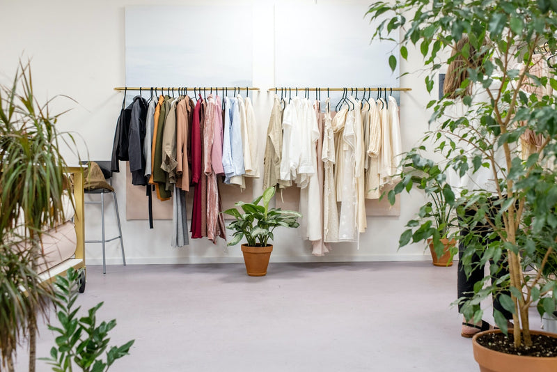 A room filled with indoor plants and a clothing rail