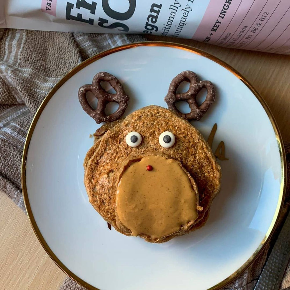 Protein pancakes, chocolate pretzels and peanut butter that looks like a reindeer